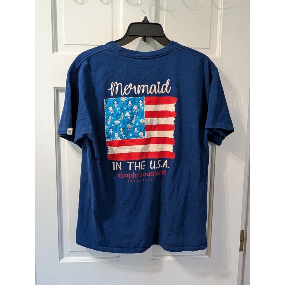 Simply Southern Mermaid In The USA Pocket Tee Youth XL Blue Graphic Shirt